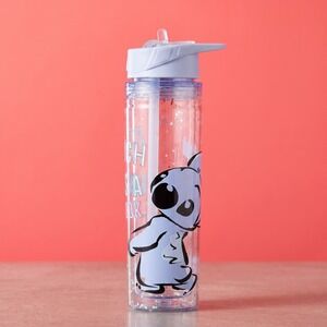 Disney Stitch Glitter Water Bottle 550ml Straw Lavender Clear Double Walled New